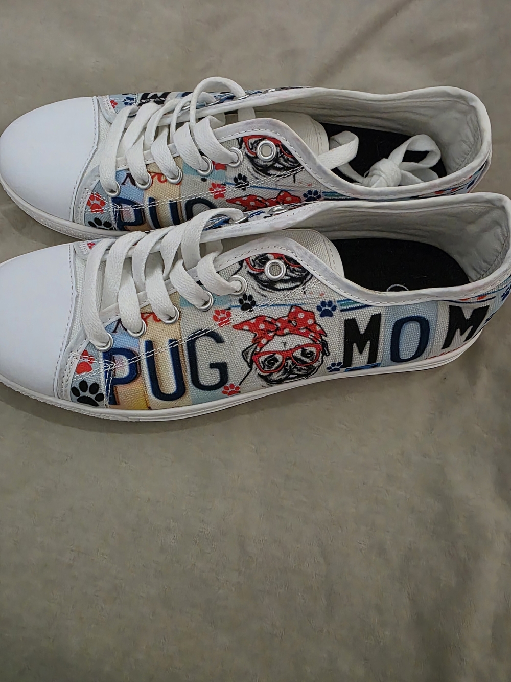 Pug Mom White Canvas Kids Sneakers with Colorful Print